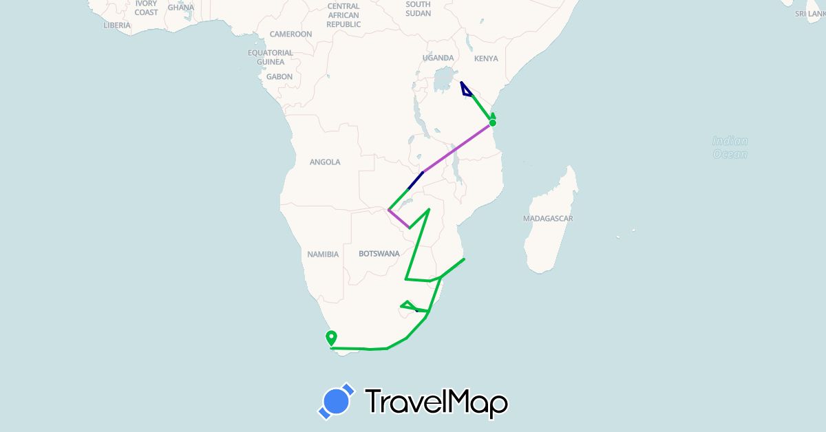 TravelMap itinerary: driving, bus, train, hiking, boat in Kenya, Lesotho, Mozambique, Swaziland, Tanzania, South Africa, Zambia, Zimbabwe (Africa)